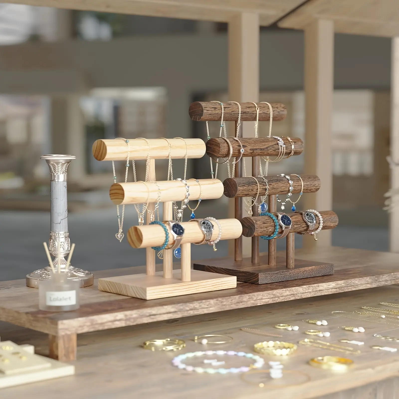 2-Tier Bracelet Holder Stand Display Wooden T-Bar Bracelets Holder Organizer for Displays, Storage Stand Tower for Bangle, Necklace, Jewelry Towers