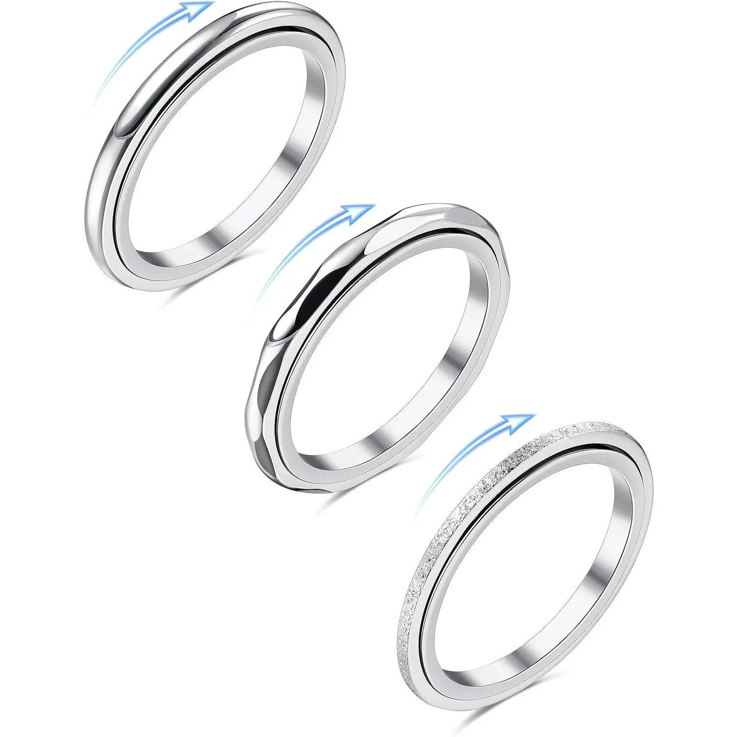 Cassieca  3 Count Stainless Steel Rings Set for Womens Rings Band Rings Thumb Spinner Ring Daily, Fidget, Minimalist