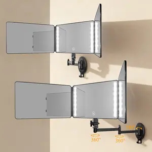 Umitec Adjustable LED Light 3 Way Mirror Wall Mounted Small Version, Portable Trifold Mirror for Shaving, Makeup, 360 Degree Mirror