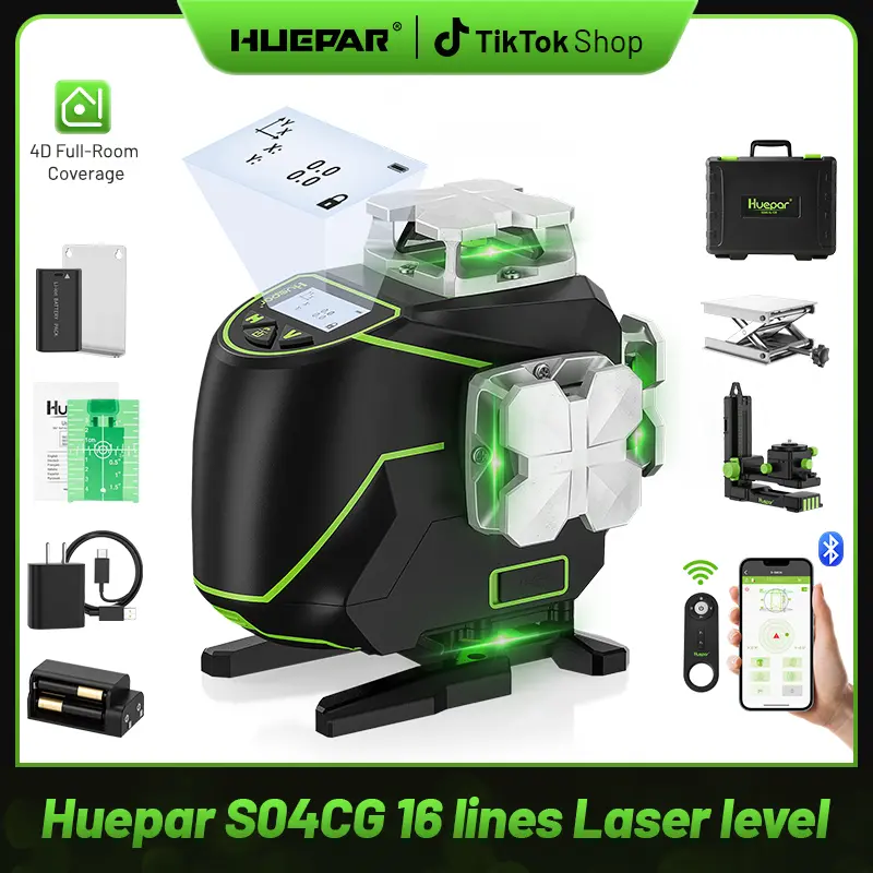 Huepar 4D Bluetooth Auto-Leveling Green Lighted Laser Level - 4x360° Crosshairs, LCD Screen, Remote Control, Li-Ion/4 AA Batteries, Outdoor Pulse Mode, Construction Measuring Tool, Lighted Laser Levels