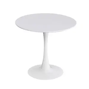 24" White Tulip Side Table - Mid-Century Modern Minimalist Design, Smooth MDF Top, Steel Cylindrical Pedestal Base, Compact Round Footprint, Easy Setup, Waterproof, Ideal for Small Space Dining or Living Room, White Tulip Table