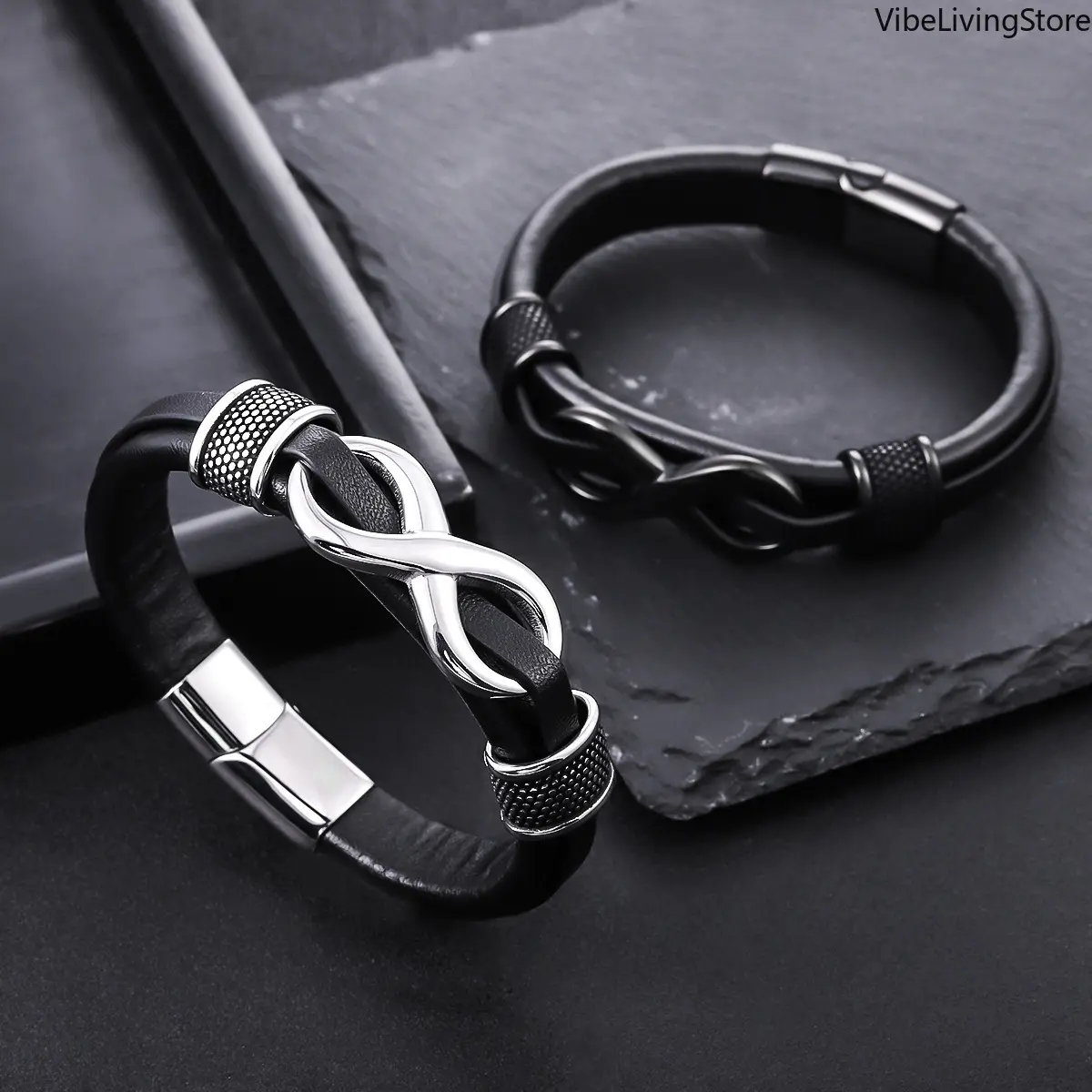Black Male Double-Layer Leather Infinity Knot Classic Wrist Accessory, Stainless Steel Magnetic Clasp Luggage Bag Accessory, Daily Wear & Gifting Option, Bag Charm, Bracelets, Magnetic Keychain Charms & Twillies