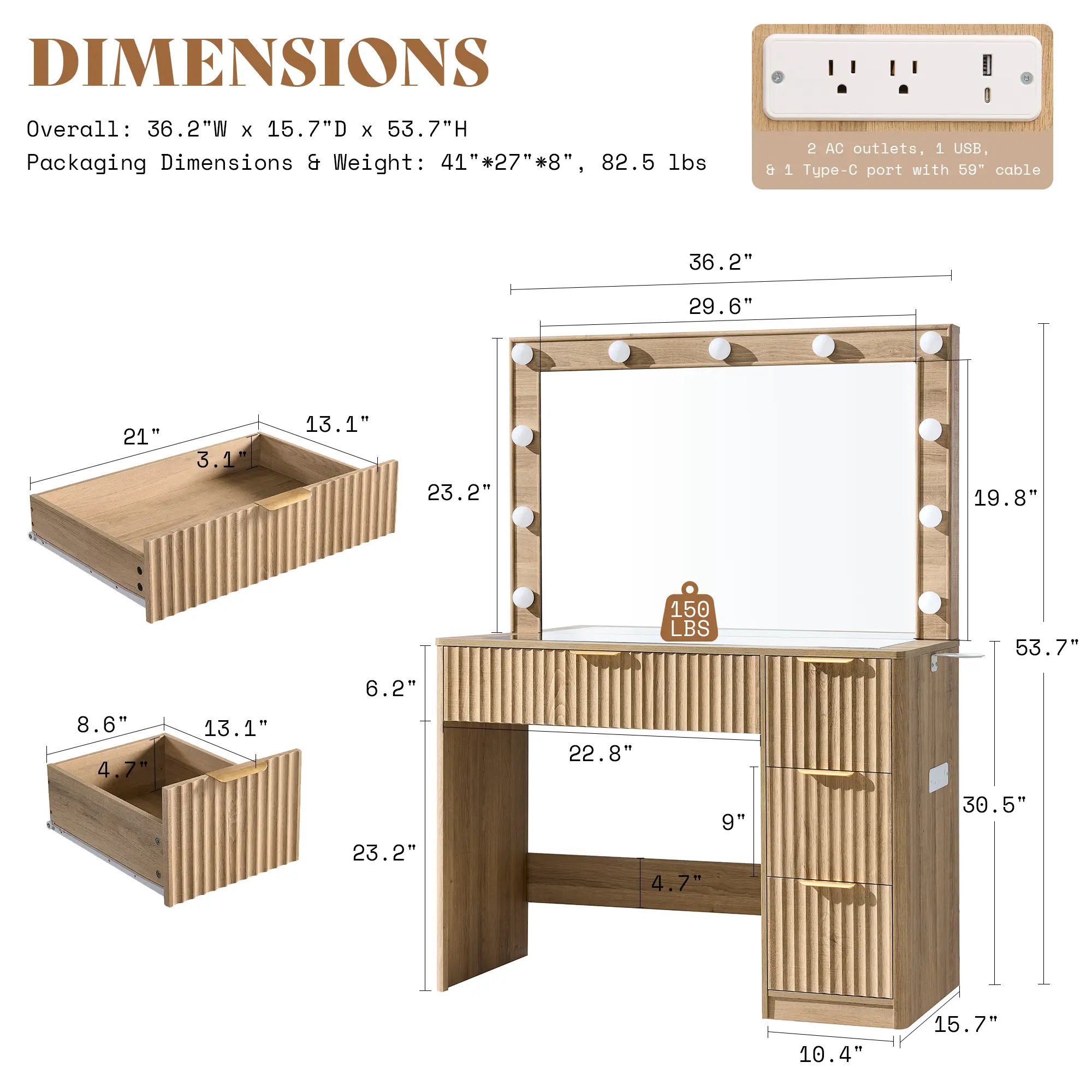 36in Vanity Desk with Big Mirror and 4 Drawers