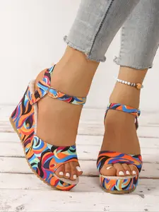 Dopamine Colorful Wedge Sandals for Women, Print Strap Thick Sole High Heels, Vacation Style Colorful Beach Slippers, Open-Toe Slippers, Summer Footwear