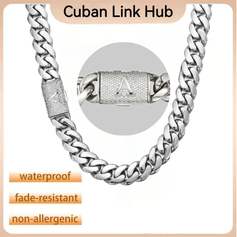 Men's Cuban Link Necklace, 14mm Stainless Steel Chain, Personalized Hip Hop Jewelry with Initial Clasp for Everyday Wear, 26in