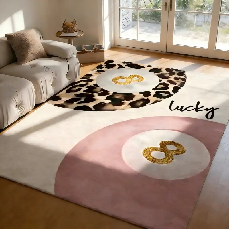 2D flat leopard print and pink, the lucky number 8. Creative design, suitable for home decoration, office, yoga or holiday gifts, velvet colored carpets can be machine washed, perfect choice to create a warm atmosphere