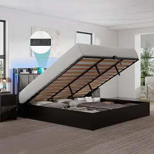AMERLIFE Lift Up Storage Bed Frame with LED Lights, Linen Upholstered Headboard with Charging Station, Wooden LED Light Platform Bed Frame/Best Gift Ideas/Christmas Gifts