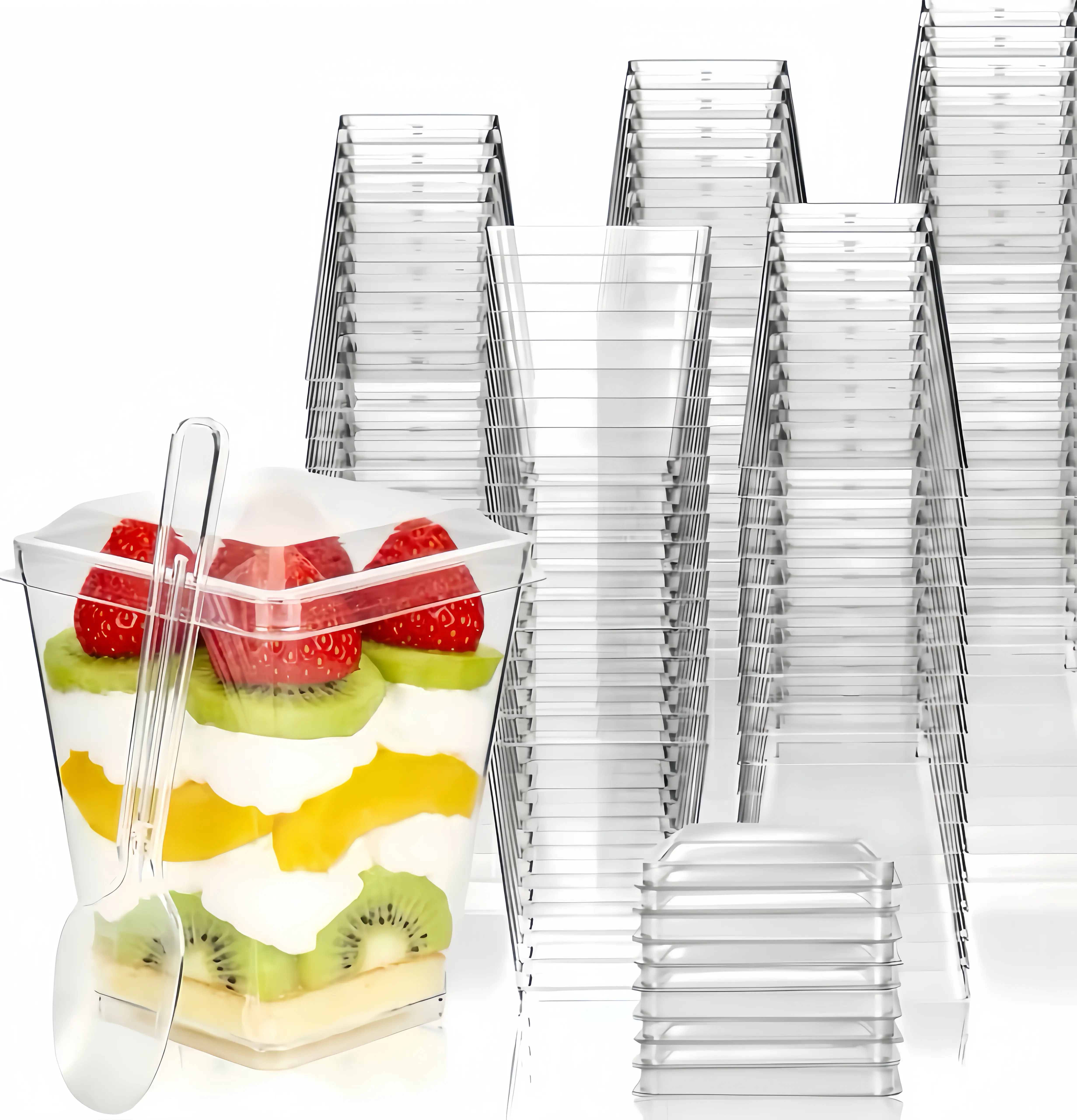 50PCS Square Shape Cups Pack - 5oz 150ml Food-Grade Sturdy Plastic Dessert Containers with Lids & Spoons, Leakproof Reusable Disposable Tableware for Summer Picnic, Catering (Yogurt, Mousse)