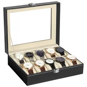 Uten Watch Box, 10 Slots Watch Case, Watch Box Organizer Jewelry Storage with Large Glass Lid, Watch Display Case, Watch Box for Men & Women