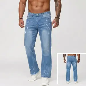 Menswear Mid Rise Straight Fit Stretchy Polyester Denim Jeans Fitted Splatter Paint Distressed Look Frayed Ankle Length Hem Raw Wash Breathable Street Enthusiasts Pocket Trouser bootcut jeans men jeans pants for men jeans for men