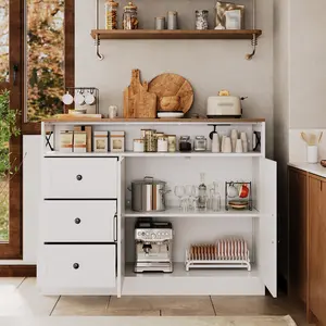 Fathersdaygift Summervibes Flash sale home items Sideboard Buffet Cabinet with 2 Barn Doors & 3 Drawers, 47.2'' Wood Console Cabinet with Built-In Charging Station, Farmhouse Coffee Bar Buffet Table for Kitchen, Living Room, White