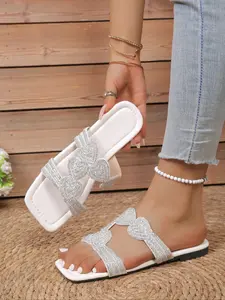 Women's Fashion Square Toe Flat Slide Sandals with Heart Rhinestone Embellishments