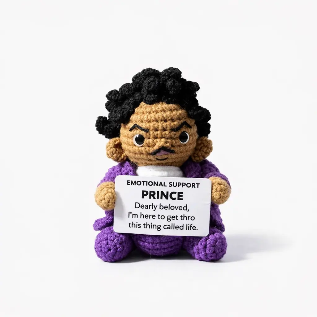 Handmade Emotional Support Crochet Doll - Cute Collectibles Decorative Office Desk Buddy Plush with Mini Motivational Sign, Purple Retro Musician Office Decor, Thoughtful Gift for Coworkers (14 Years Above, Handmade Uniqueness Highlighted), Soft Yarn, Uni