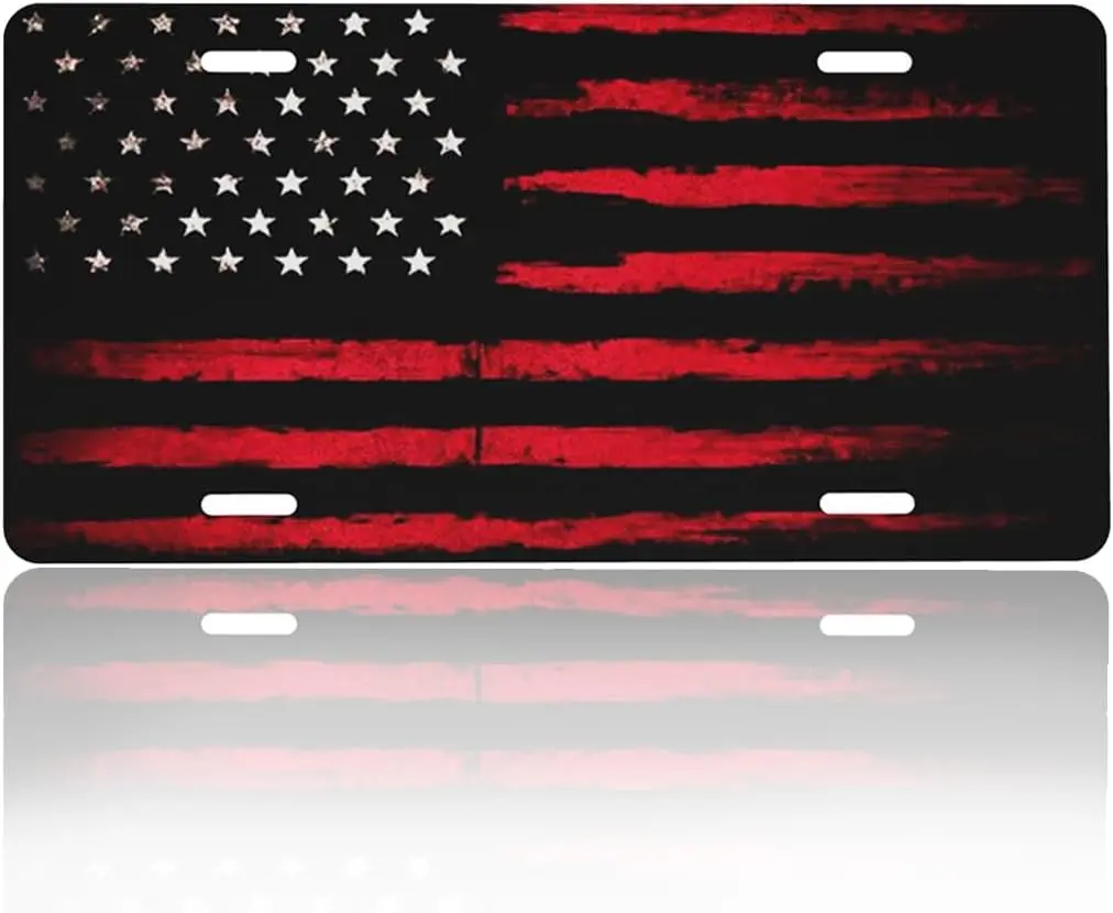 Unisex Black Red American Flag Rust-Proof Aluminum Metal US Front License Plate Cover - 6*12 in Novelty Design, 4-Hole, Standard Fit, Durable Versatile Patriotic Car Exterior Accessory for Women