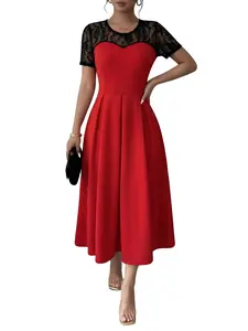 Women's Lace Patchwork Backless Hollow Out Elegant Formal Evening Dress, Classic Long Cocktail Gown, Stylish Party Wear