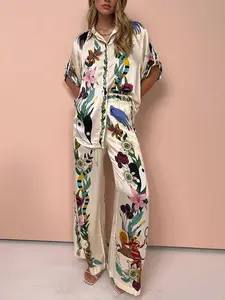 LikeMychoice Modern Sophisticated Satin Blouse & Elastic Waist Pocketed Wide Leg Pants Set for Women - Clothes, Suits