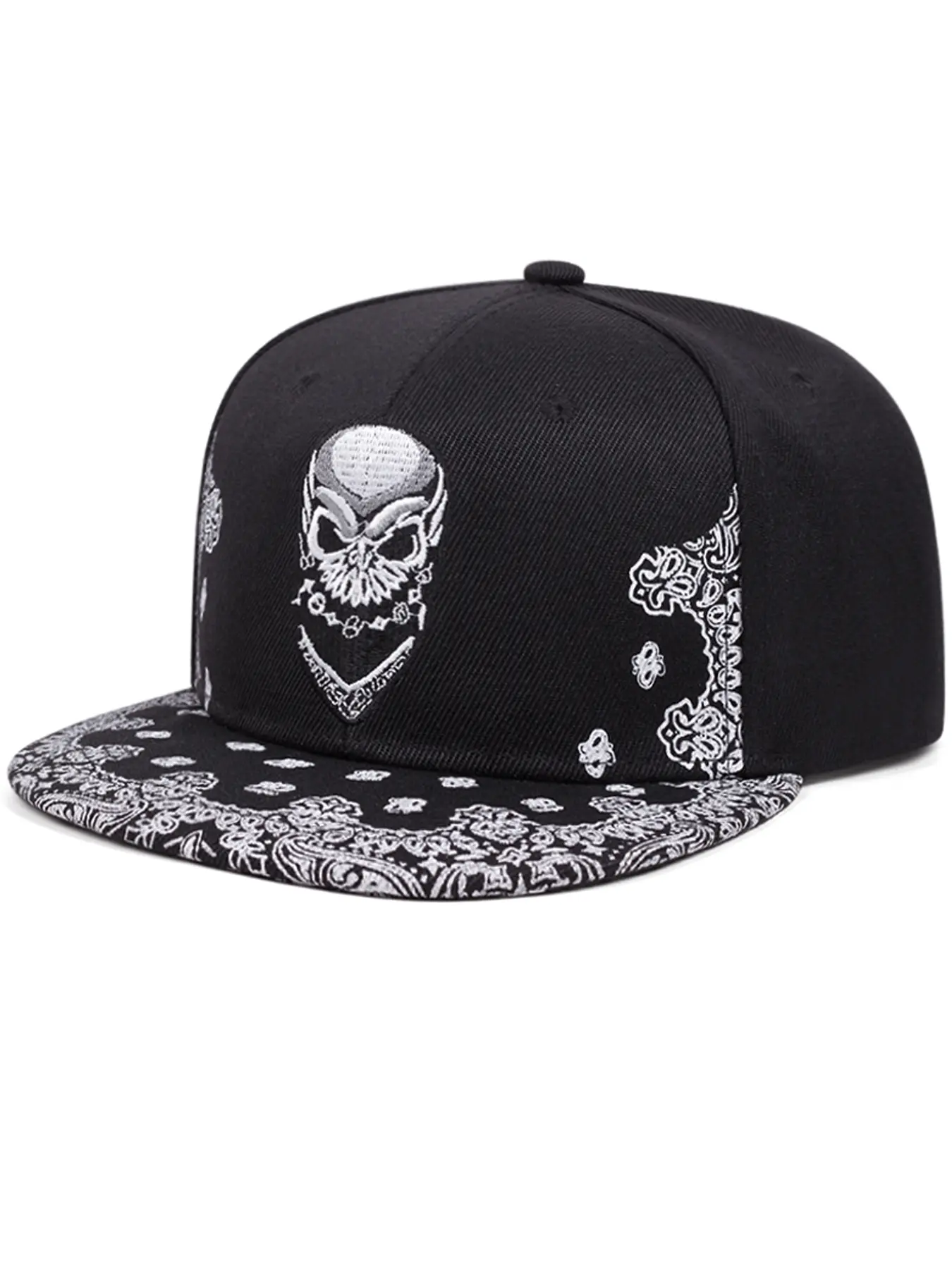 2025 Personalized Flat brimmed Flat Bill Hat Paisley Pattern Skeleton Embroidery Skateboarding, Sunshade, Leisure, Commuting, Baseball Hat Adjustable Hats Unisex Customizable Hats, Adjustable Casual Hats, Embroidered Baseball Cap Caps With Designs