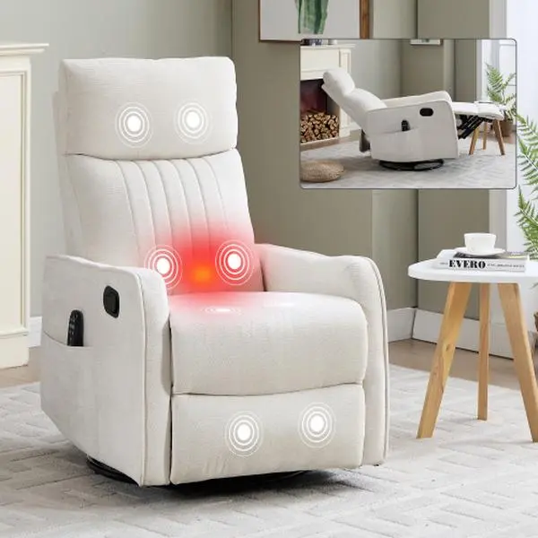 360° Swivel Recliner Chair - Comfy Lounge Chair with Adjustable Reclining, Massage & Heat, High Back Cushioned Heavy Duty Glider, Overstuffed Single Indoor Furniture (Beige, 24.40x34.30x40.20in), Comfy Chair High Back Chairs Cozy Chair