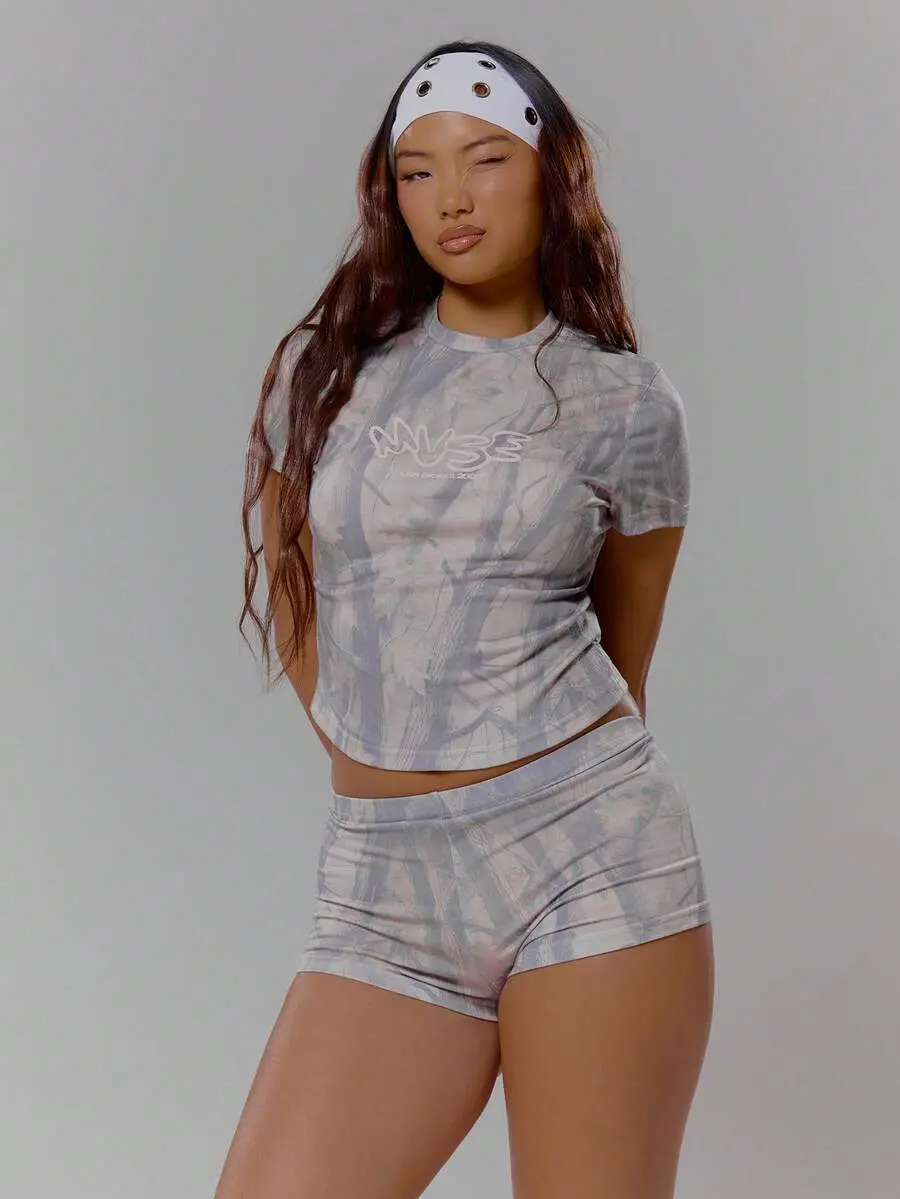OFFGIRD x MUSERA Camo Print Graphic Detail Fitted Baby Tee And Hotpants Shorts Set Streetwear Coolgirl Winter Sexy Casual Odd Drift Spring