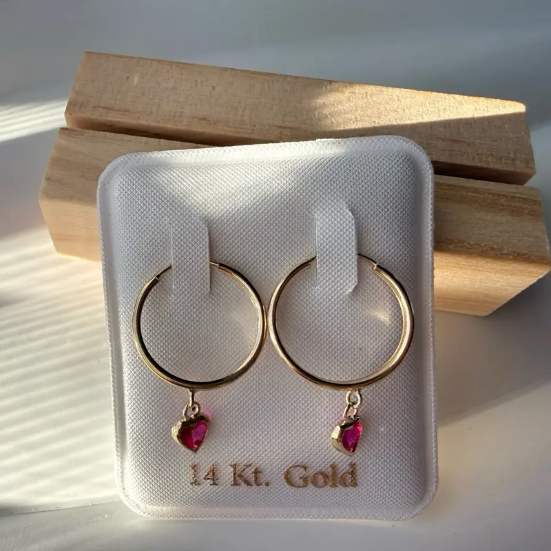 14k Real Gold Small Hoop Earrings with Delicate Pink Heart Charms.