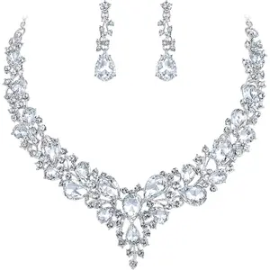Women's Wedding Bridal Austrian Crystal Teardrop Cluster Statement Necklace Dangle Earrings  Set