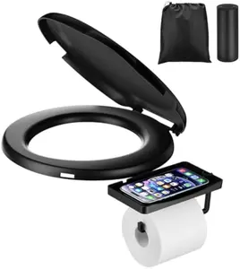 Bucket Toilet Seat 2025 Upgraded, 5 Gallon Bucket Toilet for Camping and Emergency with TP Holder & Phone Shelf, Snap-On Portable Luggable Loo with Rotatable Lid, Includes Carrying Bag & 12 Liners