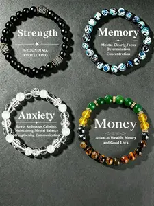 Elegant Boho Crystal Bracelet Stack, Tiger Eye Obsidian Hematite Beads, Protection Money Attraction Anxiety Relief, Gift for Mother Father Day
