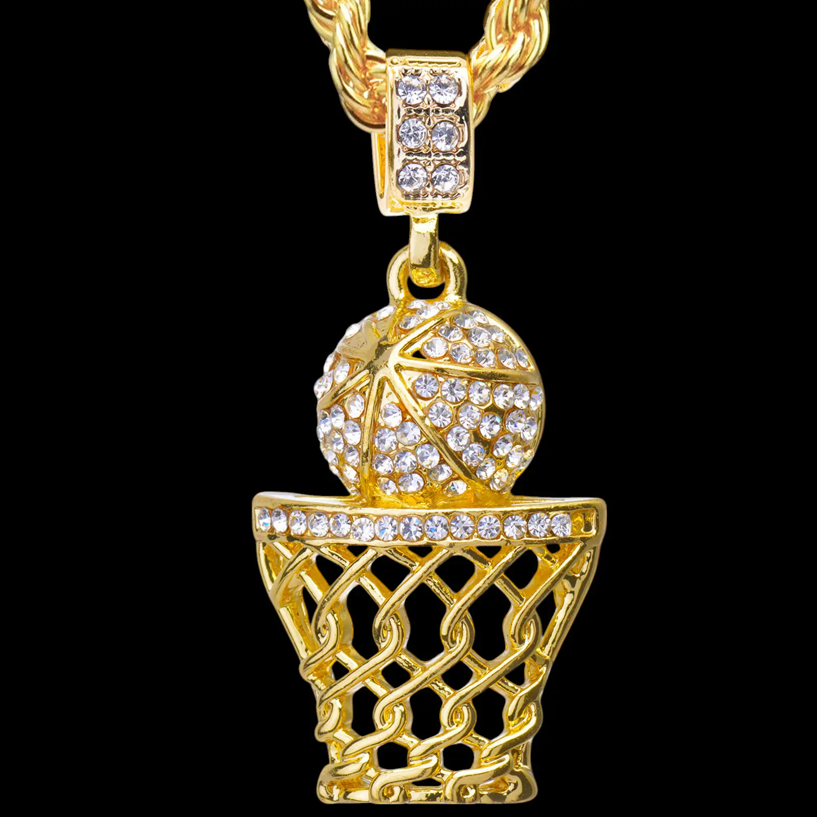 MaxBling81 Unisex Iced Out Basketball Hoop Rim Pendant Necklace - 4mm, 2" x 7/8", Gold-Plated Sparkling CZ Costume Jewelry, Multiple Chain Sizes (18in,20in), Party-Ready Hip-Hop Flair, Street-Ready Shine for Concerts, Everyday Wear