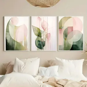 3-Piece Set of Modern Green and Pink Abstract Plant Wall Art Prints, Watercolor Painting Prints, Plant Canvas Posters, Leaf Floral Print, Vibrant Print, Wall Decoration, Spring Decoration, Living Room, Bedroom, Home and Room Decoration Art, Frameless