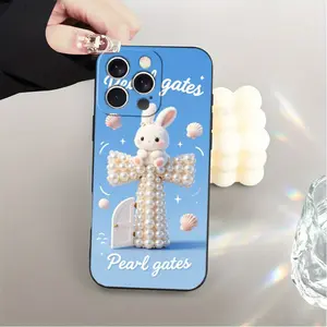 Phone case: Pearl Door religious Christian theme phone case, decorated with a cute rabbit on a pearl cross, featuring shells and glitter, suitable for iPhone 17/17pro/16/X/XS/XR/11/12/13/14/15/16Plus/17ProMax, printed imitation liquid phone case