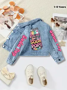 Girls Cute Denim Jacket Rainbow Soda Can Print Pink Sleeve Letter Trendy Kids Casual Jackets Casual Cute Outerwear