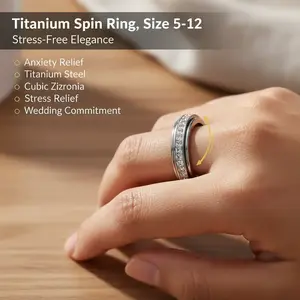 Ladies' and Men's Anxiety Relief Ring, Titanium Steel Spinning Ring, Engagement and Wedding Ring, Fashionable and Luxurious with Cubic Zirconia, Relieves Stress and Represents Wedding Commitment, Comfortable Fit, Sizes 5 to 12