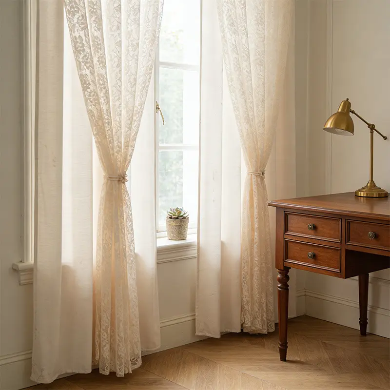 New French-style cream-colored double-layer lace chenille blackout curtains for bedroom, balcony, and homestay with a high-end feel