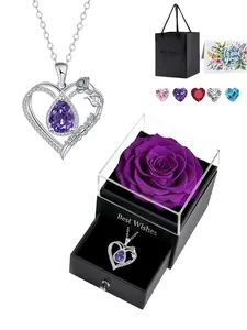 Diamond Drop Rose Heart Mom Luxury premium heart-shaped MOM teardrop gem necklace, Copper Chain Jewelry, Cubic Zirconia Pendant.Paired with a purple preserved rose gift box.Ideal Exquisite Jewelry Gift for birthdays, Mother’s Day and Valentine’s Day.