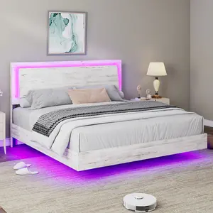 Amerlife Sturdy Modern Wooden Headboard Wood Floating Bed Frame with LED Light, Slats Support Queen Bed Frame, No Box Spring Needed, Noise-Free, Easy Assembly, Christmas Gift Idea, Sturdy Bed Frame