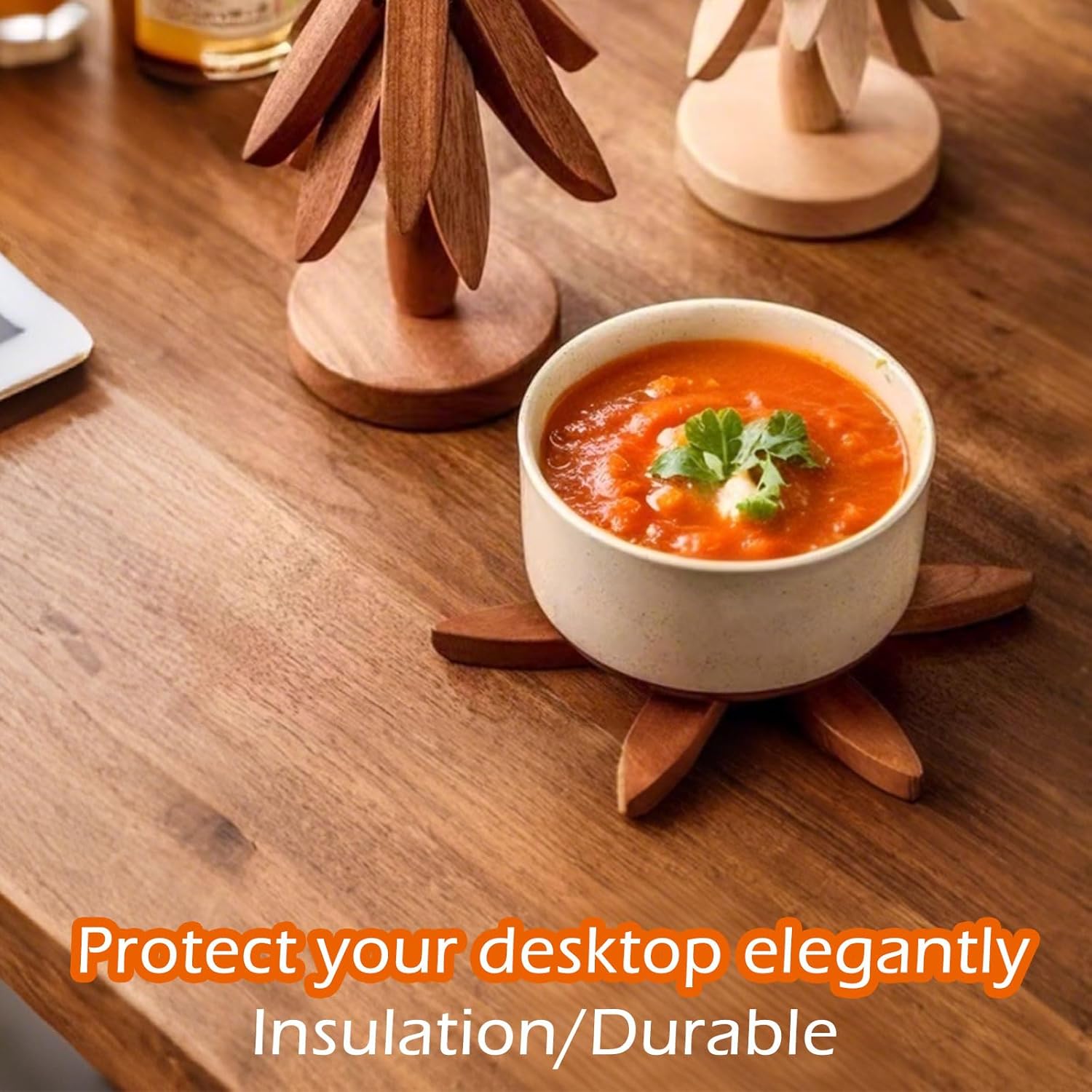 Wooden Tree Trivets for Hot Dishes - Set of 4 with Stand, Natural Foldable Kitchen Trivets for Pots, Pans, Bowls & Teapots - Walnut