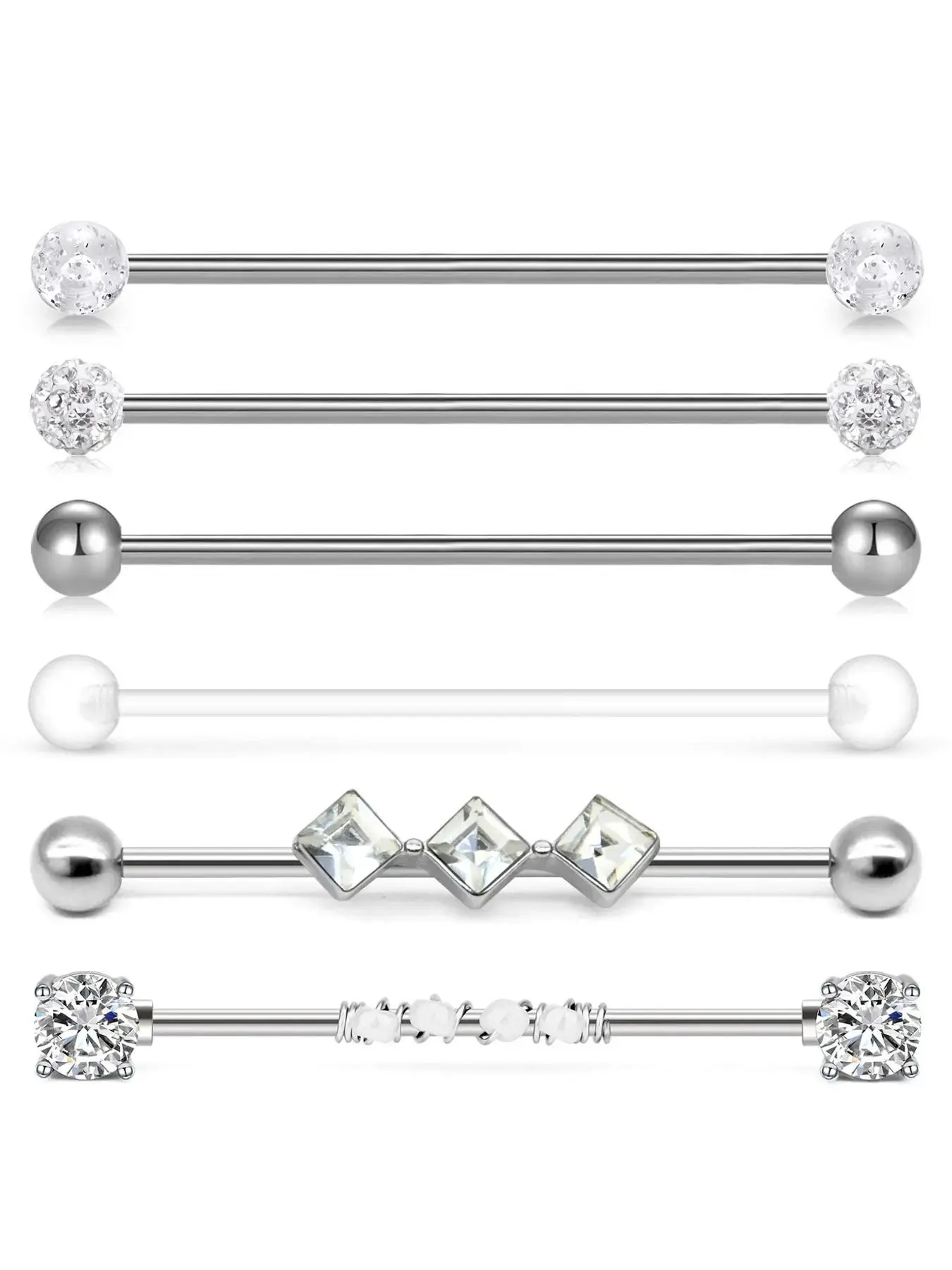 Fashion Artificial Zircon Decorated Earrings (6pcs), Stainless Steel Earring for Women & Girls, Party Fashion Piercing Industrial Bar Earrings for Party, Daily Clothing Decor, Stylish Jewelry, Sparkling Zircon Inlay, Piercings Jewelry, Body Jewelry