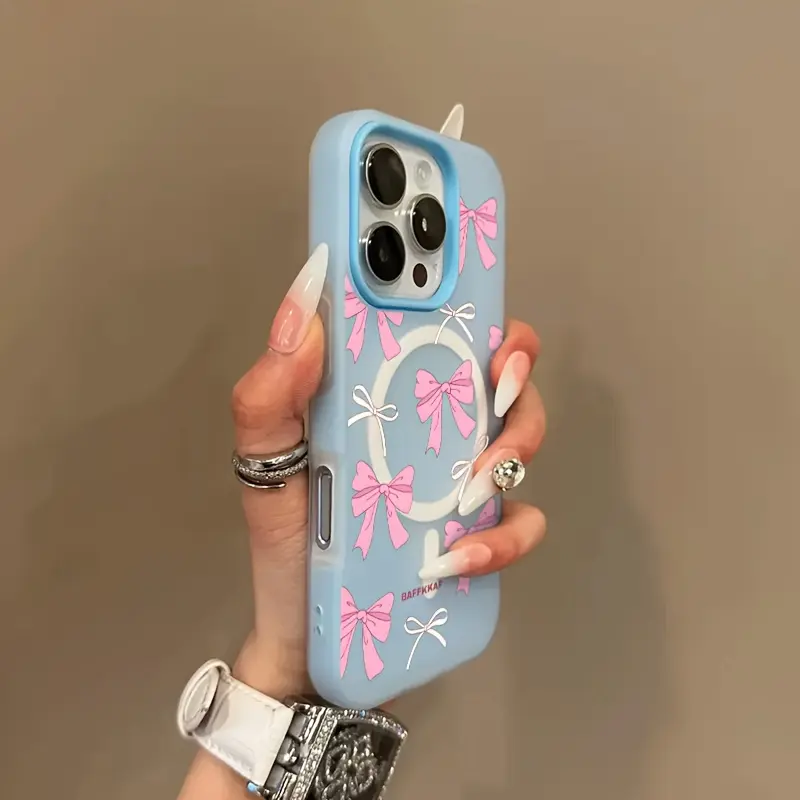 Pink bow, simple macaron color skin feeling jelly two-in-one magnetic wireless charging mobile phone case, suitable for iPhone17/16/15/14/13/12/11 and other models