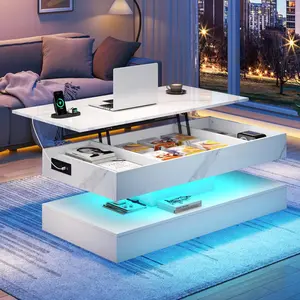 47.2"/39.4" Large Lift Top Coffee Table,Modern High Glossy LED Coffee Tables for Living Room with Storage Drawer,White Living Room Tables for Livingroom,Dining Room,Bedroom Home Office(White/Marbling White)