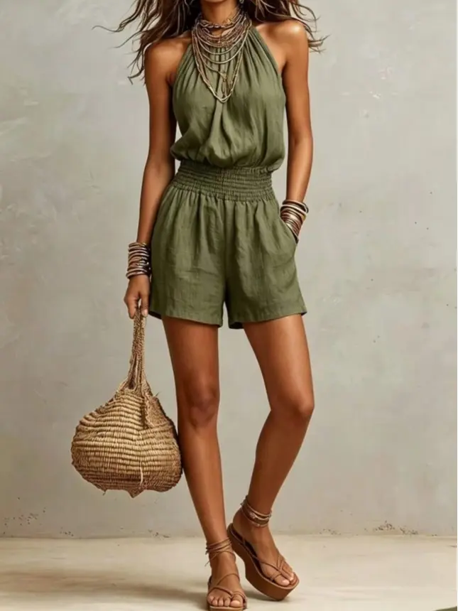 CROSSCAL Women's Navy Blue Boho Halter Neck Short Jumpsuit, Sexy Sleeveless Smocked Waist Loose-Fit, Linen-Like Lightweight Fabric, Summer Essential For Beach Trips & Daily Wear