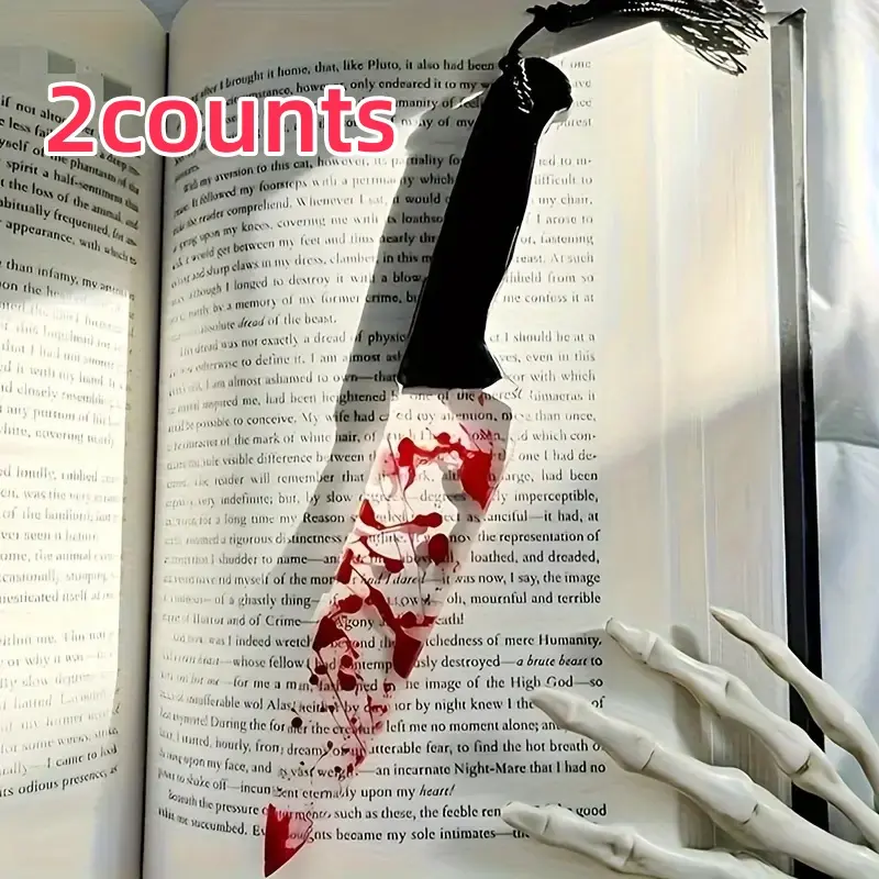 Gothic Horror Acrylic Bookmark Set Two, Decorative Blood Knife Design with Tassels, Durable Transparent Page Markers, Book Accessories for Halloween Reading