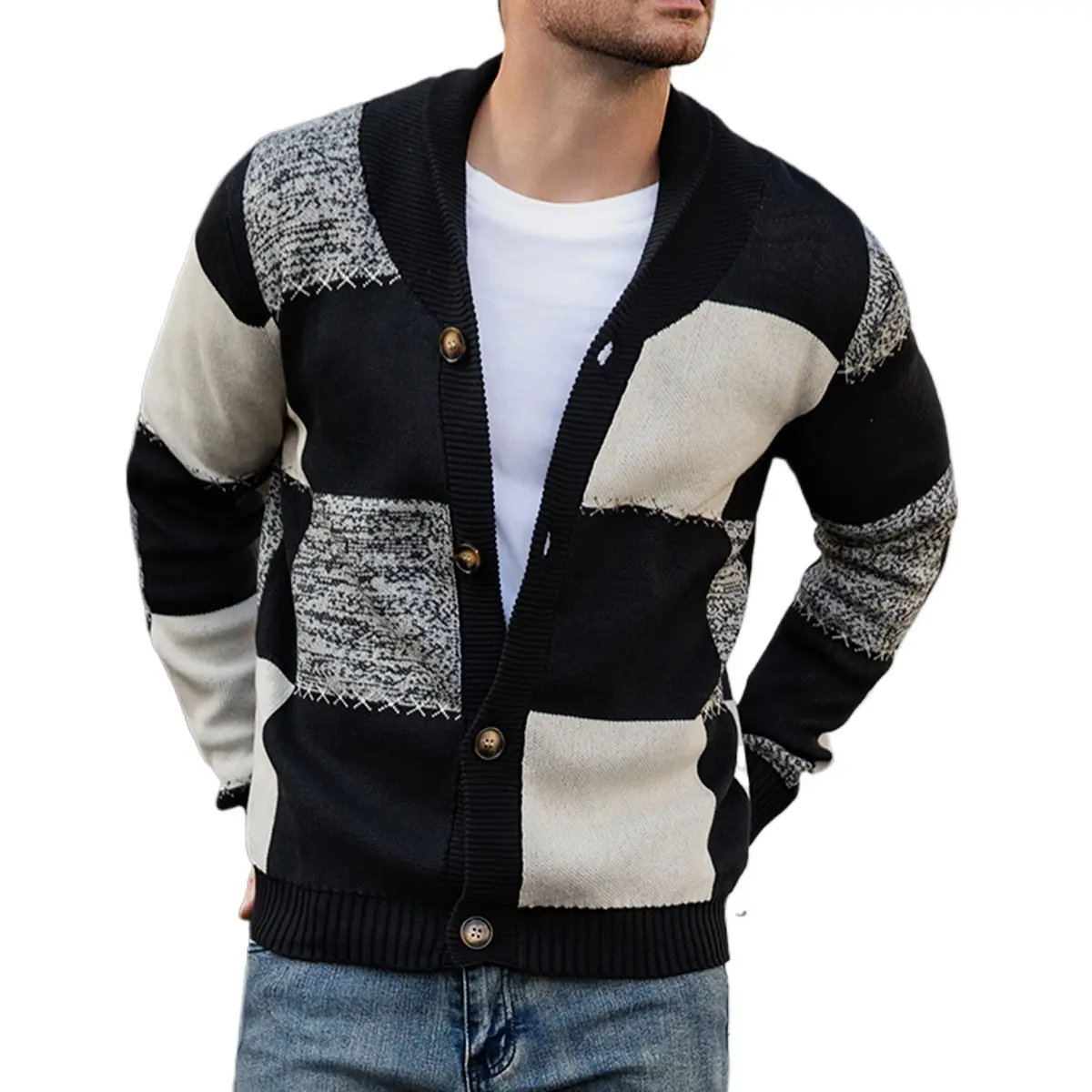 HYPESTFIT Men's Casual Color Block Cardigan Sweater Black, White, Gray Plaid Button Up Cardigan with Lapel Collar, Long Sleeve, Regular Fit for Fall/Winter, Casual Attire & Weekend Outings, Cardigan Sweater, Winter Layering, Classic Knitwear