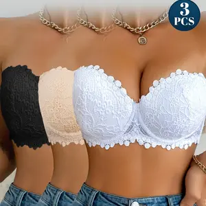 【DealsForYouDays】Mimilemon 3PCS strapless bra Half-Cup Lace Lingerie Set - Elegant Steel Band bra  with Adjustable Straps for Customized Fit - Chic & Comfortable Essential Everyday Everyday Womenswear Womenswear Elegance Style SummerWins