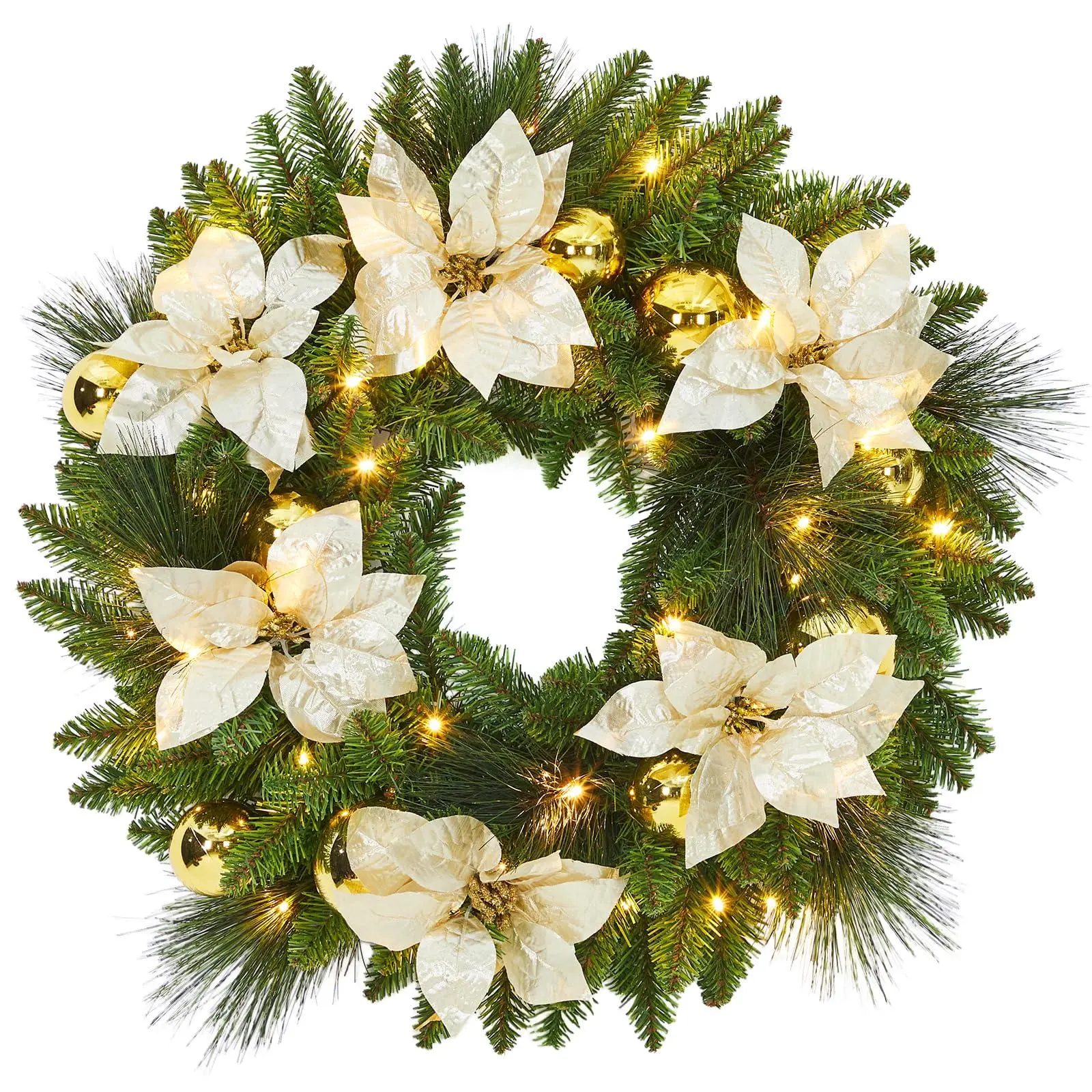 GARVEE 24" Pre-Lit Christmas Wreath with Frosted Red Berries & Pinecones - Battery Operated LED Lighted Wreath for, Indoor Outdoor Holiday Decorations