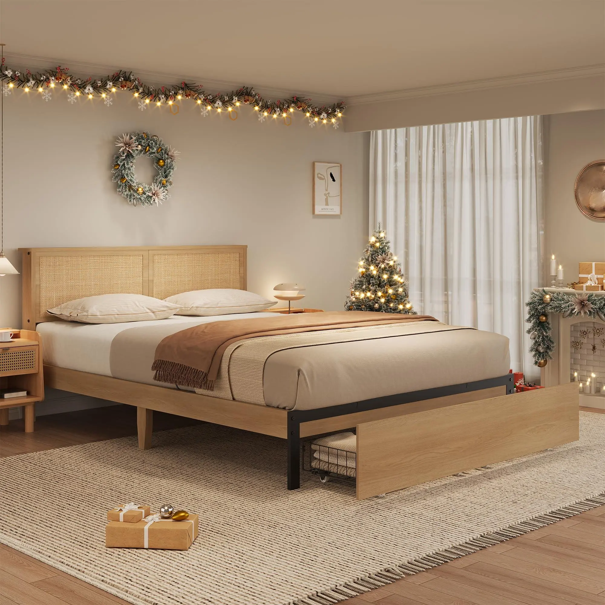 Sturdy Wooden Boho Platform Bed Frame - Natural Rattan Cane Weave Rustic Headboard, 2 Storage Drawers, Breathable, Easy No-Box Setup, No Box Spring Indoor Bedroom Furniture, Sturdy Bed Frame