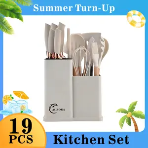 Silicone Cooking Set,19pcs Large Non-stick,Measuring Cups and Spoons Set with StainlessSteel Handle Kitchen Gadgets.  Black Nonstick Spatula White Utensils Pink
