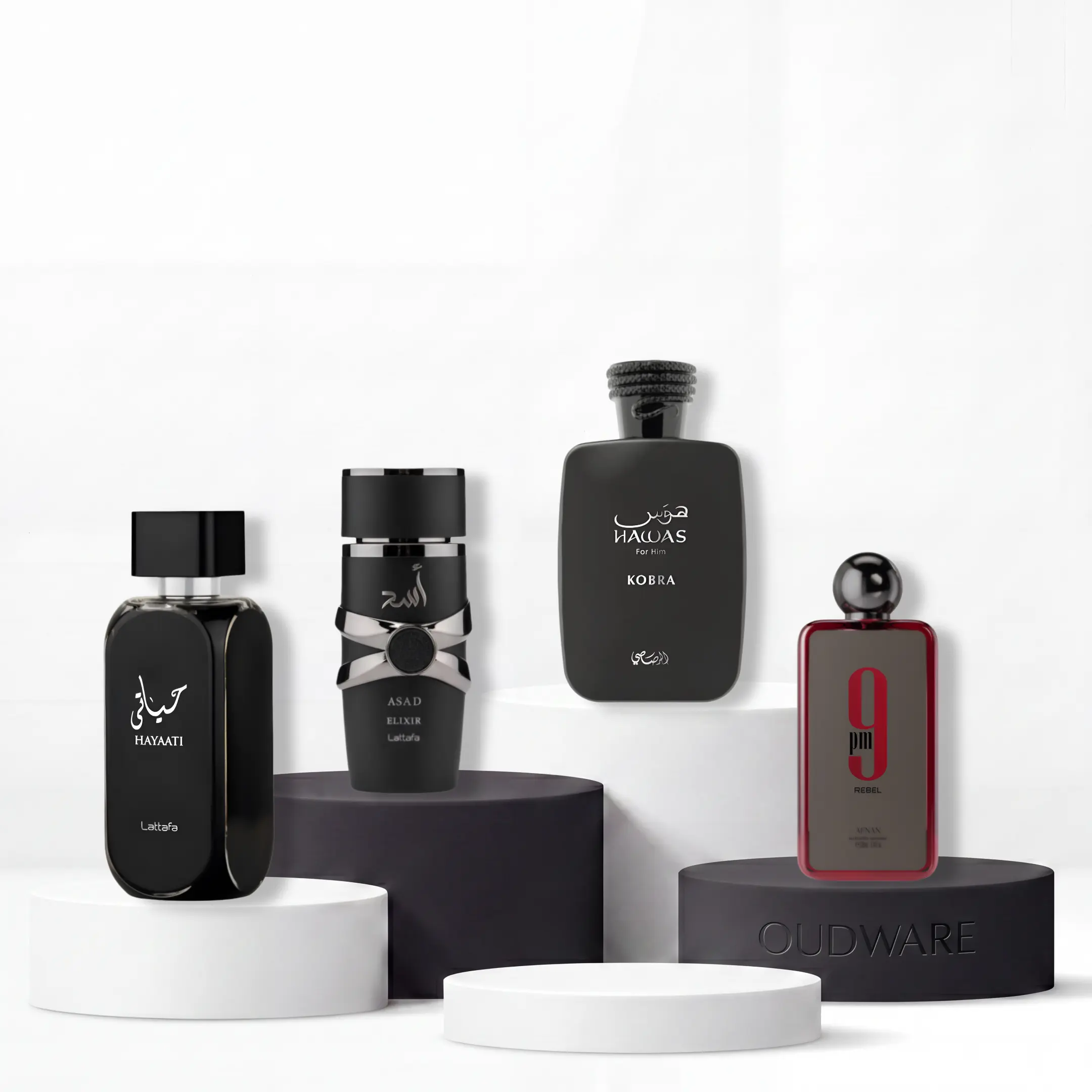 Lattafa Asad Elixir 100ml EDP + Rasasi Hawas Kobra 100 ml EDP + Afnan 9 PM Rebel 100 ml EDP + Lattafa Hayaati 100 ml EDP