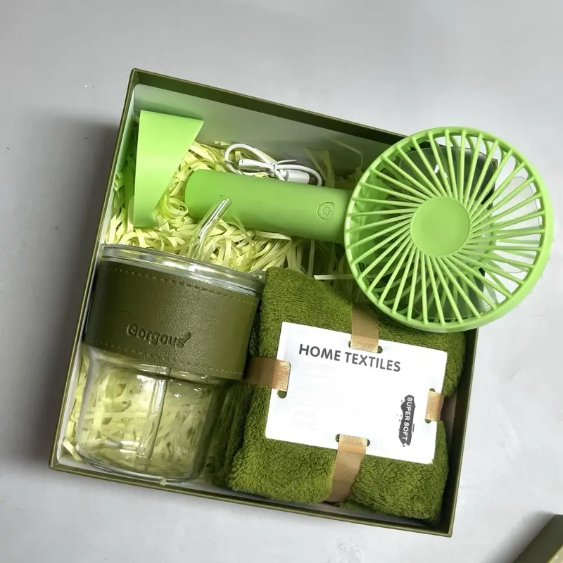 Gorgeous Gift Set with Mini Fan, Face Towel & Slub Glass Drinkware in Green Box