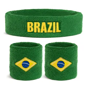 Brazil Flag Headband & Wristbands Set - 2026 Soccer Tournament Vibes, 100% Cotton Athletic Sweatbands for Men & Women
