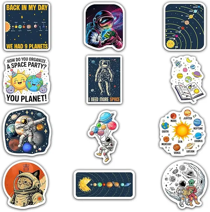 Space Stickers 12pcs for Teens Students, Outer Space Planet Galaxy Stickers, Astronomy Stickers Waterproof for Laptop Water Bottle School Supplies